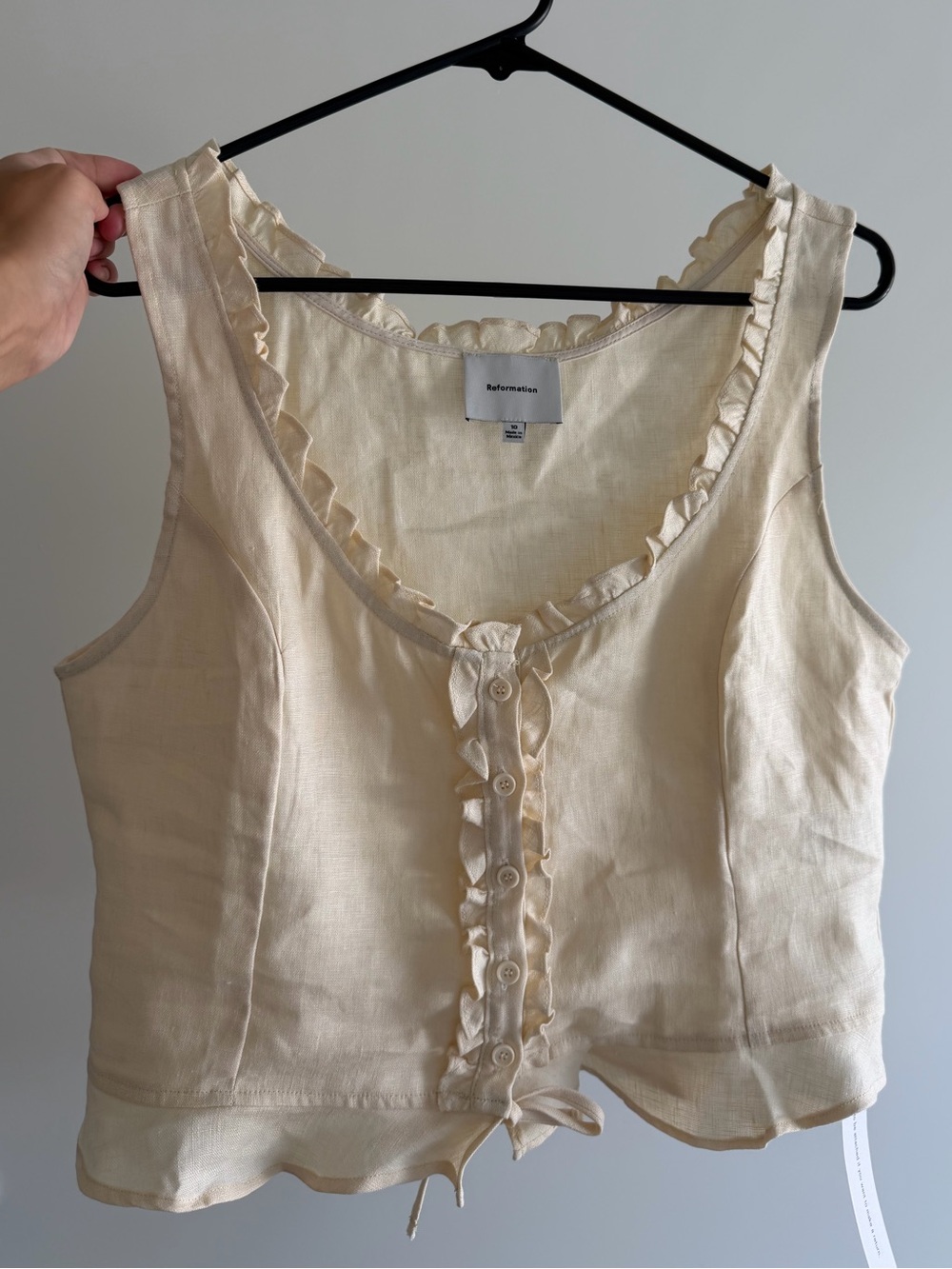 Reformation Cream Ruffle-Trim Button-Front Linen top